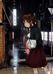 Rule 34 | 1girl, asymmetrical hair, black eyes, black sweater, brown hair, calf socks, carrying, coca-cola, coldpizza, from side, hair ornament, highres, iwakura lain, medium hair, night, outdoors, photo background, photorealistic, rain, realistic, red skirt, reflection, reflective water, road sign, scenery, serial experiments lain, sidelocks, sign, skirt, solo, sweater, vending machine, white legwear, x hair ornament