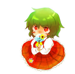 Rule 34 | 1girl, 1nenmono, ascot, blush stickers, candy, chibi, covering face, covering own mouth, covering privates, female focus, flower, food, green hair, kazami yuuka, lollipop, plaid, plaid skirt, plaid vest, red eyes, red hair, short hair, simple background, skirt, skirt set, slit pupils, solo, sunflower, swirl lollipop, swirly lollipop, touhou, vest