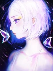 Rule 34 | 1girl, bug, butterfly, insect, lips, looking down, night, night sky, original, portrait, profile, purple eyes, short hair, sky, solo, star (sky), star (symbol), straight hair, upper body, viorie, white hair