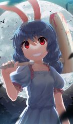 Rule 34 | 1girl, ambiguous red liquid, animal ears, bat (animal), blue hair, blurry, breasts, collarbone, depth of field, full moon, grin, hand up, highres, holding, holding mallet, kine, long hair, looking at viewer, low-tied long hair, mallet, monosenbei, moon, night, night sky, puffy short sleeves, puffy sleeves, rabbit ears, red eyes, seiran (touhou), short sleeves, sky, small breasts, smile, solo, touhou, upper body