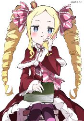 Rule 34 | 1girl, absurdres, beatrice (re:zero), blonde hair, blue eyes, blush, butterfly-shaped pupils, capelet, closed mouth, commentary request, crown, dress, drill hair, fur-trimmed capelet, fur trim, hair ribbon, hand on own cheek, hand on own face, highres, long hair, looking at viewer, mini crown, pantyhose, pink ribbon, re:zero kara hajimeru isekai seikatsu, red capelet, red dress, ribbon, sidelocks, simple background, solo, striped clothes, striped pantyhose, symbol-shaped pupils, twin drills, watermark, white background, white gorilla (okamoto)