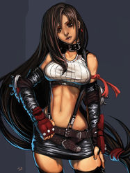 Rule 34 | 1990s (style), 1girl, breasts, brown eyes, brown hair, choker, collar, elbow gloves, final fantasy, final fantasy vii, gloves, ionen, long hair, low-tied long hair, midriff, pencil skirt, retro artstyle, shirt, skirt, solo, suspender skirt, suspenders, taut clothes, taut shirt, tifa lockhart