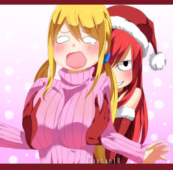 Rule 34 | 2girls, blonde hair, blush, breast press, breasts, erza scarlet, fairy tail, gaston18, gloves, hat, huge breasts, large breasts, lucy heartfilia, multiple girls, open mouth, red hair, santa costume, santa hat, smile, twintails