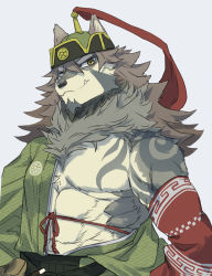 Rule 34 | 1boy, abs, animal ears, animal nose, arm tattoo, bara, brown eyes, brown hair, chest tattoo, chest tuft, facial hair, furry, furry male, goatee, grey fur, hair between eyes, headwear request, highres, japanese clothes, kimono, male focus, mature male, muscular, muscular male, open clothes, open kimono, pectorals, s-skio, smile, snout, solo, stomach, tattoo, temujin (housamo), tokyo houkago summoners, tusks, white background, wolf boy, wolf ears