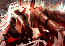 Rule 34 | 10s, 1girl, abyssal ship, aircraft carrier water oni, armor, black dress, black thighhighs, breasts, colored skin, detached sleeves, dress, female focus, greaves, hair ornament, kantai collection, large breasts, long hair, looking at viewer, meoon, ribbed dress, sailor dress, short dress, solo, striped clothes, striped thighhighs, thighhighs, vertical-striped clothes, vertical-striped thighhighs, very long hair, white hair, white skin, yellow eyes