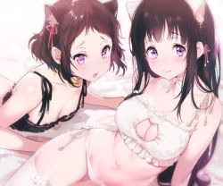Rule 34 | 2girls, :o, animal ears, bed, bell, belly, black hair, blush, breasts, brown hair, cat ears, cat lingerie, chitanda eru, cleavage, cleavage cutout, clothing cutout, collar, hyouka, ibara mayaka, lingerie, long hair, looking at viewer, lying, medium breasts, meme attire, mery (yangmalgage), multiple girls, navel, neck bell, on stomach, open mouth, panties, pink eyes, purple eyes, short hair, simple background, sitting, small breasts, stomach, thighs, underwear