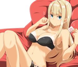 Rule 34 | 1girl, alessandra susu, bare arms, bare shoulders, bikini, black bikini, blonde hair, blue eyes, blunt bangs, breasts, cleavage, closed mouth, collarbone, condom, condom wrapper, eyebrows, heart, holding, holding condom, kichihachi, knees up, large breasts, long hair, looking at viewer, lying, navel, on back, pillow, solo, stomach, strapless, strapless bikini, swimsuit, tan, tanline, thigh strap, tokyo 7th sisters