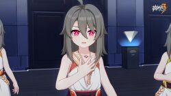 Rule 34 | 3girls, breasts, chinese commentary, hair between eyes, hand on own chest, highres, honkai (series), honkai impact 3rd, indoors, jewelry, key, logo, looking at viewer, medium hair, multiple girls, necklace, official art, official wallpaper, red eyes, small breasts, solo focus, upper body, v-shaped eyebrows, vita (young) (honkai impact), yellow pupils