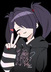 Rule 34 | 1girl, ame-chan (needy girl overdose), black background, black hair, black nails, blush, closed eyes, hair over one eye, hair tie, heart, highres, hood, hoodie, kokaki mumose, long hair, looking at viewer, multicolored nails, needy girl overdose, parted lips, red nails, simple background, sleeves past wrists, smile, solo, twintails, v