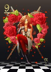 Rule 34 | 00s, 1girl, armor, beatrix, belt, breasts, brown hair, checkered floor, cleavage, crossed legs, drill hair, eyepatch, final fantasy, final fantasy ix, floor, flower, full body, heart, highres, holixholi, large breasts, long hair, nail polish, one-eyed, pantyhose, petals, red pantyhose, rose, rose petals, sitting, sleeveless, solo