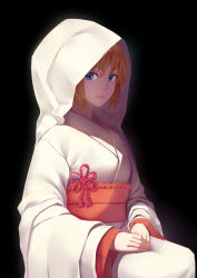 Rule 34 | 1girl, alternate costume, artoria pendragon (all), artoria pendragon (fate), black background, blonde hair, blue eyes, closed mouth, fate (series), highres, hood, japanese clothes, kimono, looking at viewer, obi, own hands together, pink lips, rope, saber (fate), sash, seiza, sitting, solo, tassel, uchikake, xiao chichi