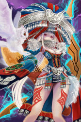Rule 34 | 10s, 1girl, albino, animal, armpits, arrow (projectile), bead bracelet, beads, bird, bow (weapon), bracelet, breasts, chain chronicle, cloud, covered mouth, detached sleeves, fur trim, hat, jewelry, large breasts, leg tattoo, long hair, looking at viewer, moon, neck ring, necklace, oversized hat, owl, purple sky, red eyes, sky, sleeves past wrists, solo, tattoo, traditional clothes, very long hair, weapon, white hair, zenox