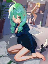 Rule 34 | 2girls, ahoge, aqua hair, barefoot, blonde hair, blue jacket, blue skirt, breasts, broken shoes, chair, cleavage, commentary, dutch angle, feet, formal, full body, glasses, green eyes, hand on own leg, high heels, highres, horns, jacket, leaning forward, legs, long hair, medium breasts, medium hair, multiple girls, office, office chair, office lady, on ground, one eye closed, original, paper, pencil skirt, plant, potted plant, red footwear, shiny skin, shoes, unworn shoes, sidelocks, skirt, skirt suit, some1else45, standing, suit, swivel chair, symbol-only commentary, thighs, toenails, toes, twintails