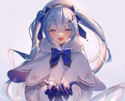 Rule 34 | 1girl, blue bow, blue ribbon, blush, bow, capelet, cupping hands, fortissimo, fur-trimmed capelet, fur trim, hair ornament, hair ribbon, half-closed eyes, hat, hatsune miku, highres, long hair, long sleeves, looking at viewer, musical note, musical note hair ornament, open mouth, own hands together, purple eyes, ribbon, simple background, snowflake print, snowflakes, solo, tabard, twintails, upper body, utsuhostoria, vocaloid, white capelet, white hat, yuki miku, yuki miku (2021)