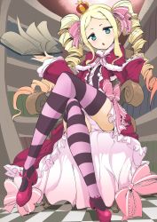 Rule 34 | 10s, 1girl, beatrice (re:zero), blonde hair, blue eyes, book, chair, crossed legs, crotch seam, crown, curly hair, dress, highres, holding, legs, long hair, mary janes, momio, open mouth, panties, pantyshot, pink panties, re:zero kara hajimeru isekai seikatsu, red dress, ribbon, shoes, sitting, solo, striped clothes, striped thighhighs, thighhighs, twintails, underwear, upskirt