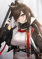 Rule 34 | 1girl, absurdres, animal ears, atago (azur lane), azur lane, belt, black jacket, breasts, brown eyes, brown hair, character name, cosplay, ember (azur lane), ember (azur lane) (cosplay), gloves, hair over one eye, half gloves, high collar, highres, holding, holding weapon, jacket, large breasts, looking at viewer, open clothes, open jacket, simple background, skirt, solo, takahasho, weapon, white background, white gloves, white skirt
