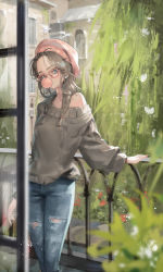 Rule 34 | 1girl, absurdres, balcony, bird, blowing bubbles, blue eyes, blurry, braid, brown hair, brown sweater, chewing gum, day, denim, depth of field, facing viewer, feet out of frame, glasses, hair over shoulder, hat, highres, jeans, jung wonjo, legs together, long hair, long sleeves, looking at viewer, original, outdoors, pants, photoshop (medium), pink-framed eyewear, pink hat, plant, railing, rectangular eyewear, single bare shoulder, solo, standing, sweater, torn clothes, torn jeans, torn pants, twin braids