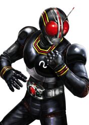 Rule 34 | 1987, 1boy, antennae, armor, belt, black armor, clenched hand, contrapposto, fighting stance, gloves, glowing, highres, kamen rider, kamen rider black, kamen rider black (series), kingstone, male focus, masukudo (hamamoto hikaru), open hand, red eyes, rider belt, solo, standing, white background