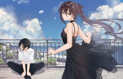 Rule 34 | 1542 700, 1boy, 1girl, absurdres, backboob, bare arms, black choker, black dress, black hair, black pants, blue sky, breasts, brown eyes, brown hair, choker, cigarette, closed mouth, cloud, commentary, day, dress, feet out of frame, floating hair, from behind, hair between eyes, hair ornament, hairclip, hand up, hands on own feet, highres, indian style, knees apart feet together, lace, lace-trimmed dress, lace trim, light smile, long dress, long hair, looking at viewer, looking back, looking to the side, medium breasts, minakami yuki, on rooftop, outdoors, pants, ponytail, railing, rooftop, shirt, short hair, short sleeves, sidelocks, sitting, skirt hold, sky, sleeveless, sleeveless dress, smoke, smoking, spaghetti strap, standing, subarashiki hibi, very long hair, white shirt, wind, yuuki tomosane