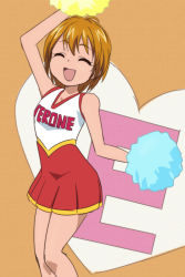 Rule 34 | 00s, 1girl, arm up, brown hair, cheering, cheerleader, clothes writing, cowboy shot, dancing, dress, eyelashes, closed eyes, futari wa precure, happy, holding, looking at viewer, misumi nagisa, oimanji, open mouth, pom pom (cheerleading), precure, red dress, short hair, sketch, smile, solo, sportswear, standing