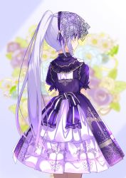 Rule 34 | 1girl, closed mouth, cowboy shot, dress, floral background, from behind, gothic lolita, lace, light purple hair, lolita fashion, long hair, looking to the side, nape, nyori, original, ponytail, profile, purple dress, purple eyes, purple hair, sidelocks, solo, very long hair