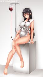 Rule 34 | 1girl, barefoot, black hair, blood, blood bag, braid, breasts, highres, hospital gown, id card, intravenous drip, large breasts, long hair, looking at viewer, midnight (banyex), no panties, original, pointy ears, red eyes, sitting, solo, white background