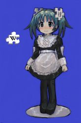 Rule 34 | bib, blue eyes, blue hair, blush stickers, figure, french maid (outfit), highres, lapel pin, obi, obi bow, purple background, puzzle piece, puzzle piece hair ornament, sash, simple background, sunny waifu, wikipe-tan