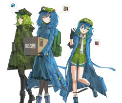 3girls absurdres aesur_a backpack bag black_footwear black_gloves blue_eyes blue_footwear blue_hair blue_shorts boots bow camouflage camouflage_headwear camouflage_skirt coat flat_cap gloves green_bag green_eyes green_hair green_hat green_shirt green_skirt hair_bobbles hair_ornament hat highres if_they_mated kappa kawashiro_nitori looking_at_viewer meme multiple_girls necktie open_mouth pantyhose shirt short_hair shorts simple_background skirt smile touhou trench_coat yamashiro_takane