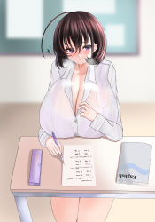 Rule 34 | 1girl, absurdres, blush, breasts, buttons, classroom, cleavage, doinaka, eyebrows, highres, huge breasts, japanese text, notebook, pen, purple eyes, school uniform, see-through, shirt, short hair, short sleeves, skirt, sweat, table, academic test, unbottoned, wet, wet clothes, wet shirt