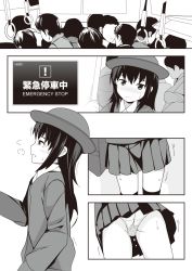 Rule 34 | 1girl, 6+boys, ass, bag, blush, breath, closed mouth, crowd, embarrassed, english text, from below, from side, gokiburi no dashi, greyscale, half-closed eyes, hand up, hat, have to pee, jacket, japanese text, long hair, long sleeves, looking up, miniskirt, monochrome, multiple boys, multiple views, nose blush, open mouth, original, panties, peeing, peeing self, pleated skirt, profile, school uniform, shirt, sideways mouth, skirt, standing, sweat, tears, thighhighs, train interior, trembling, underwear, upskirt, wet, wet clothes, wet panties, zettai ryouiki