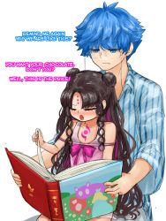 Rule 34 | 1boy, 2girls, blue eyes, blue hair, blush, book, bow, brown hair, closed eyes, collarbone, facial mark, fate/grand order, fate (series), forehead mark, glasses, hair bun, hans christian andersen (adult) (fate), hans christian andersen (fate), highres, holding, long hair, markings, multicolored hair, multiple girls, nursery rhyme (fate), open mouth, pants, pink bow, pink hair, sessyoin kiara, sessyoin kiara (lily), shirt, single hair bun, sitting, sitting on lap, sitting on person, steamingtofu, streaked hair, striped clothes, striped shirt, swimsuit, turning page, unbuttoned, unbuttoned shirt, wavy hair, white background, white pants