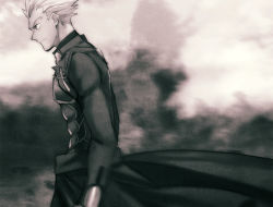 Rule 34 | 1boy, archer (fate), bad id, bad pixiv id, blurry, blurry background, closed mouth, cowboy shot, fate/stay night, fate (series), from side, greyscale, long sleeves, male focus, monochrome, profile, solo, spiked hair, standing, taa (acid), tassel