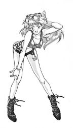 Rule 34 | 1girl, :d, ankle boots, armlet, bare shoulders, belt, bent over, boots, bracelet, full body, goggles, goggles on head, greyscale, jewelry, monochrome, navel, neon genesis evangelion, open mouth, shirt, shoelaces, short shorts, shorts, simple background, sleeveless, sleeveless shirt, smile, solo, souryuu asuka langley, standing, tank top, white background