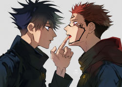 Rule 34 | 2boys, black hair, black jacket, blue eyes, buttons, extra eyes, facial tattoo, finger in another&#039;s mouth, fushiguro megumi, high collar, hood, hoodie, jacket, jo (xnsisiiss), jujutsu kaisen, long sleeves, looking at another, male focus, multiple boys, open mouth, parted lips, pink hair, red eyes, red hoodie, ryoumen sukuna (jujutsu kaisen), school uniform, short hair, spiked hair, tattoo, tongue, tongue out, undercut, yaoi
