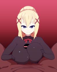 Rule 34 | 1boy, 1girl, animated, blonde hair, blue eyes, blush, bodysuit, breasts, bust cup, closed mouth, cum, cum in mouth, cum on body, cum on breasts, cum on hair, cum on upper body, cum string, cumdrip, dark-skinned male, dark skin, darkness (konosuba), ejaculation, grabbing own breast, hair ornament, huge breasts, impossible bodysuit, impossible clothes, interracial, kono subarashii sekai ni shukufuku wo!, large breasts, licking lips, long hair, long sleeves, looking at viewer, lowres, neck ribbon, open mouth, paizuri, paizuri over clothes, penis, pov, pov crotch, precum, projectile cum, red ribbon, ribbon, smile, solo focus, swallowing, taraba (fmed3338), tongue, tongue out, video, x hair ornament