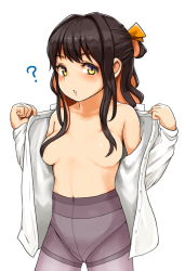 Rule 34 | 1girl, :o, ?, blush, breasts, breasts apart, brown hair, convenient censoring, covered navel, cowboy shot, hair censor, hair over breasts, high-waist pantyhose, kantai collection, long hair, long sleeves, looking at viewer, medium breasts, multicolored eyes, naganami (kancolle), navel, open clothes, panties, pantyhose, parted lips, purple eyes, purple pantyhose, satsuki neko, shirt, simple background, solo, standing, topless, underwear, undressing, white background, white panties, white shirt, yellow eyes