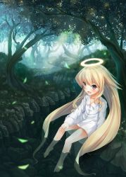 Rule 34 | 1girl, angel, angelia avallone, aq interactive, arcana heart, atlus, bad id, bad pixiv id, barefoot, blonde hair, blush, child, dress shirt, examu, fang, forest, halo, highres, leaf, long hair, nature, open mouth, partially submerged, re:n ne, red eyes, river, shirt, sitting, slit pupils, smile, soaking feet, solo, stream, tree, very long hair, water