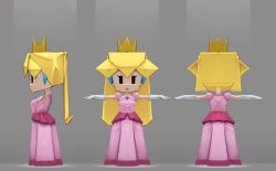 Rule 34 | 1girl, absurdres, back, black eyes, blank eyes, blonde hair, brooch, cropped arms, crown, dress, earrings, elbow gloves, expressionless, eyelashes, from behind, from side, full body, gloves, grey background, highres, jewelry, lips, long dress, long hair, mario (series), multiple views, napalm express, nintendo, no nose, open hands, origami, outstretched arms, paper mario, paper mario: the origami king, pink dress, pink lips, princess peach, puffy short sleeves, puffy sleeves, short sleeves, simple background, spotlight, spread arms, standing, t-pose, white gloves