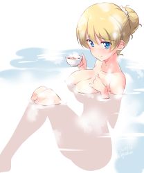 Rule 34 | 1girl, absurdres, alternate hairstyle, blonde hair, blue eyes, breasts, cleavage, closed mouth, commentary, cup, darjeeling (girls und panzer), dated, girls und panzer, hair bun, hair tie, hand on own chest, highres, holding, holding cup, kuzuryuu kennosuke, looking at viewer, medium breasts, one-hour drawing challenge, onsen, partially submerged, short hair, single hair bun, sitting, smile, solo, steam, sweat, swept bangs, teacup, thighs, twitter username, white background