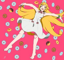 Rule 34 | 1girl, armpits, artist name, barefoot, blonde hair, commentary request, doughnut, dress, feet, food, highres, long hair, looking at viewer, monogatari (series), open mouth, oshino shinobu, outstretched arms, sasha f, solo, spread arms, sundress, white dress, yellow eyes