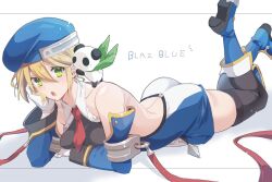 Rule 34 | 1girl, arc system works, arm support, ass, beret, blazblue, blonde hair, boots, breast press, breasts, green eyes, hat, legs, looking at viewer, lying, medium breasts, noel vermillion, on stomach, open mouth, panda, police, police uniform, policewoman, solo, the pose, thighs, uniform