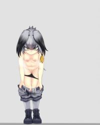 Rule 34 | 10s, 1girl, black hair, cleft of venus, clothes pull, full body, grey background, grey hair, grey shorts, kemono friends, leaning forward, long hair, looking at viewer, low ponytail, multicolored hair, nipples, orange hair, panties, panty pull, pussy, shoebill (kemono friends), shorts, shorts pull, side ponytail, simple background, sman, solo, standing, topless, underwear, undressing, yellow eyes