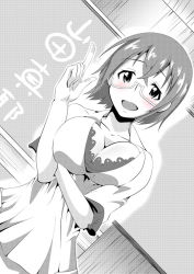 Rule 34 | 1girl, blush, bompay, breasts, cleavage, dutch angle, glasses, infinite stratos, large breasts, monochrome, open mouth, short hair, short sleeves, smile, solo, spot color, translated, yamada maya (infinite stratos)