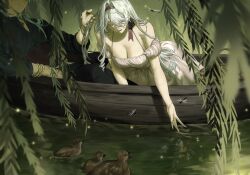 Rule 34 | 1boy, 1girl, bird, blue shirt, blush, boat, breasts, bug, cleavage, closed mouth, dragonfly, dress, duck, fireflies, fish, grey hair, hair intakes, hair ribbon, hairband, hand in another&#039;s hair, hetero, highres, insect, jewelry, long hair, mole, mole under eye, neck, off-shoulder dress, off shoulder, original, pendant, picnic basket, ribbon, shirt, unholymilk, watercraft, white dress