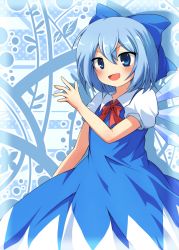 Rule 34 | 1girl, arm up, blue eyes, blue hair, bow, cirno, dress, hair bow, leaf, leaf background, looking at viewer, matching hair/eyes, open hand, open mouth, ribbon, shadow, short hair, short sleeves, solo, star (symbol), striped, striped background, takojiru, touhou, wings