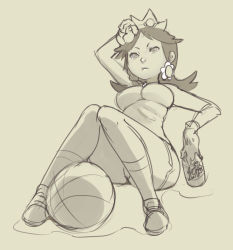 Rule 34 | 1girl, 1up, alternate costume, breasts, crown, earrings, gloves, highres, jewelry, long hair, mario (series), mario strikers charged, nintendo, norasuko, princess daisy, shoes, shorts, sitting, sneakers, socks, solo, super mario land, wiping sweat