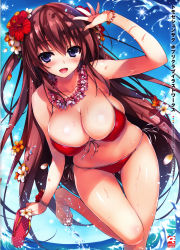 Rule 34 | 1girl, absurdres, barefoot, bikini, blue eyes, blush, bracelet, breasts, brown hair, cleavage, cloud, covered erect nipples, day, female focus, fisheye, flower, flower on head, front-tie top, hair flower, hair ornament, halterneck, hibiscus, highres, holding, holding shoes, jewelry, large breasts, long hair, looking at viewer, navel, ocean, open mouth, original, red bikini, sandals, scan, shiny skin, shoes, side-tie bikini bottom, sky, smile, solo, splashing, string bikini, swimsuit, thigh gap, tomose shunsaku, very long hair, wading, water