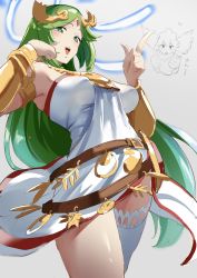Rule 34 | 1girl, breasts, grey background, highres, kid icarus, long hair, looking at viewer, manno (kanpi2100), nintendo, open mouth, palutena, pit (kid icarus), simple background, solo, thighhighs, thighs, very long hair, white background, white thighhighs