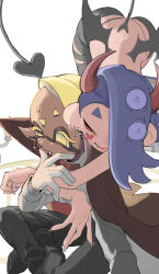 Rule 34 | 2girls, alternate costume, cape, dark-skinned female, dark skin, demon horns, demon tail, demon wings, earrings, fangs, frye (splatoon), gloves, halloween costume, horns, hug, jewelry, long sleeves, mainichi yamucha, multiple earrings, multiple girls, nintendo, shiver (splatoon), splatoon (series), splatoon 3, tail, vampire costume, wings, yuri