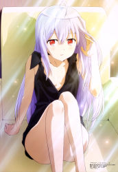Rule 34 | 10s, 1girl, :d, absurdres, adjusting hair, ahoge, arm support, bare shoulders, blush, breasts, chair, convenient censoring, convenient leg, hair between eyes, hair down, highres, isla (plastic memories), knees up, legs together, light particles, light rays, long hair, no bra, official art, open mouth, plastic memories, red eyes, scan, sitting, small breasts, smile, solo, sunbeam, sunlight, taniguchi jun&#039;ichirou, very long hair, white hair